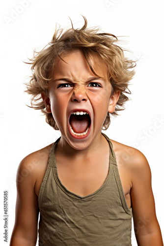 A single child screaming in frustration isolated on a white background 