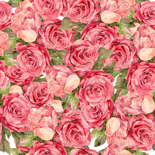 seamless pattern ornament with bright watercolor red roses in red color