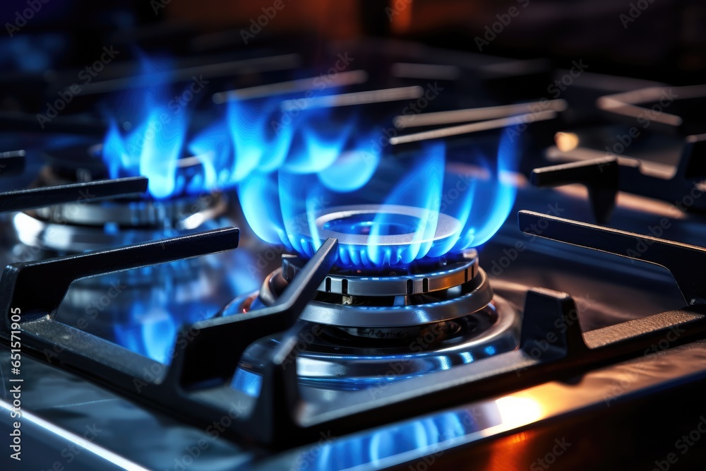 Detail view on gas cooker with blue flame on while cooking in the kitchen interior. Generative Ai. Detail view on gas cooker with blue flame on while cooking in the kitchen interior. Generative Ai.