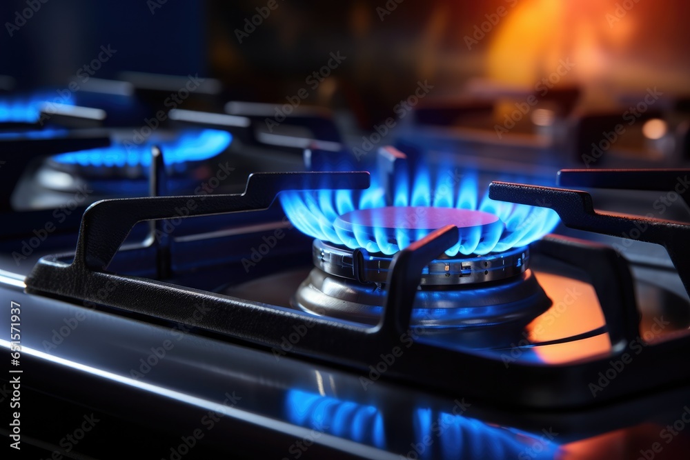 Detail view on gas cooker with blue flame on while cooking in the kitchen interior. Generative Ai. Detail view on gas cooker with blue flame on while cooking in the kitchen interior. Generative Ai.