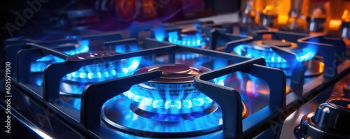 Detail view on kitchen gas cooker with blue flame on while cooking, banner panorama. Generative Ai.