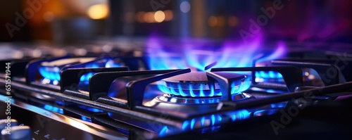 Detail view on kitchen gas cooker with blue flame on while cooking, banner panorama. Generative Ai.