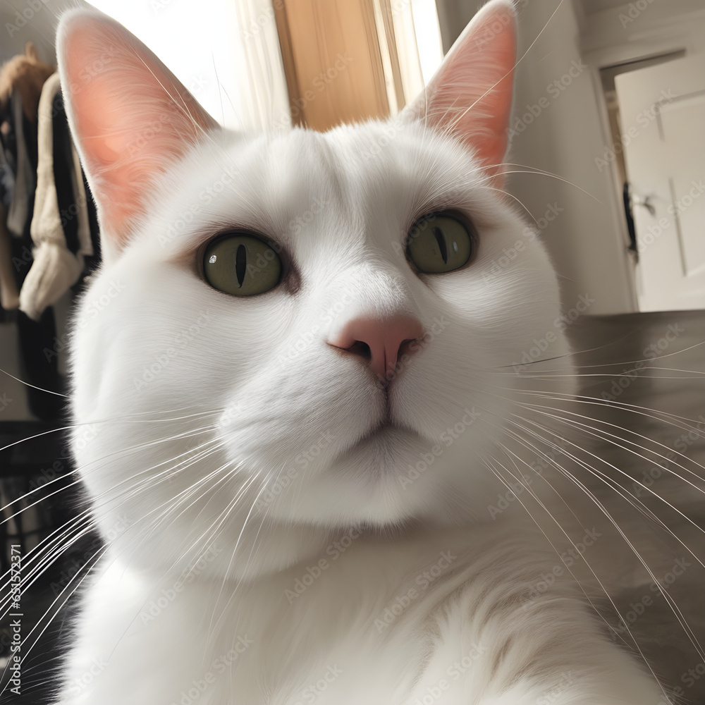 A selfie of a cute cat in the room. funny cat.