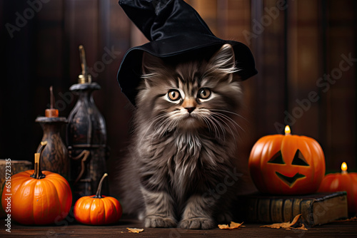Cute kitten in black witch hat with Halloween pumpkins and candles on wooden background © sommersby