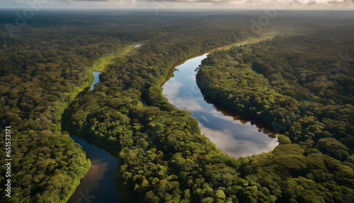 aerial view of the rainforest with a river in the middle