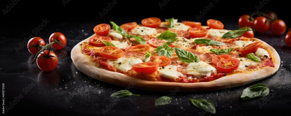 Close up front view of fresh hot pizza on black stone luxury table, junk food panorama. Generative Ai.