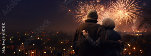 Ein altes Ehepaar steht vor der Kulisse einer Stadt und schaut sich Sylvester ein Feuerwerk an.