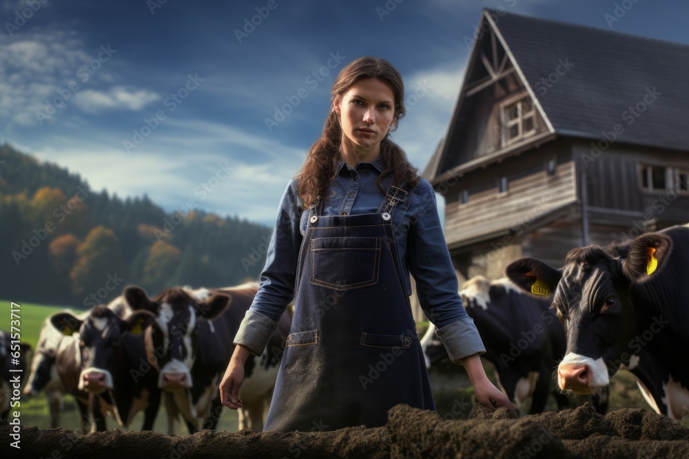 a young female farmer taking care of her cattle, cows and bulls on a canadian or danish farm. Student working with animals in summer.
