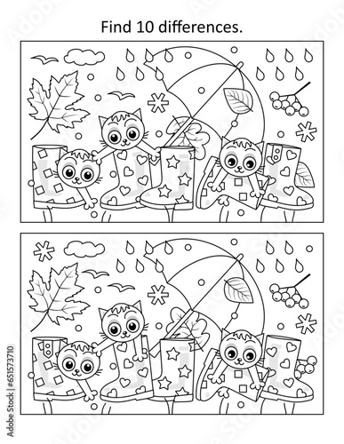 Autumn kittens difference game and coloring page activity
