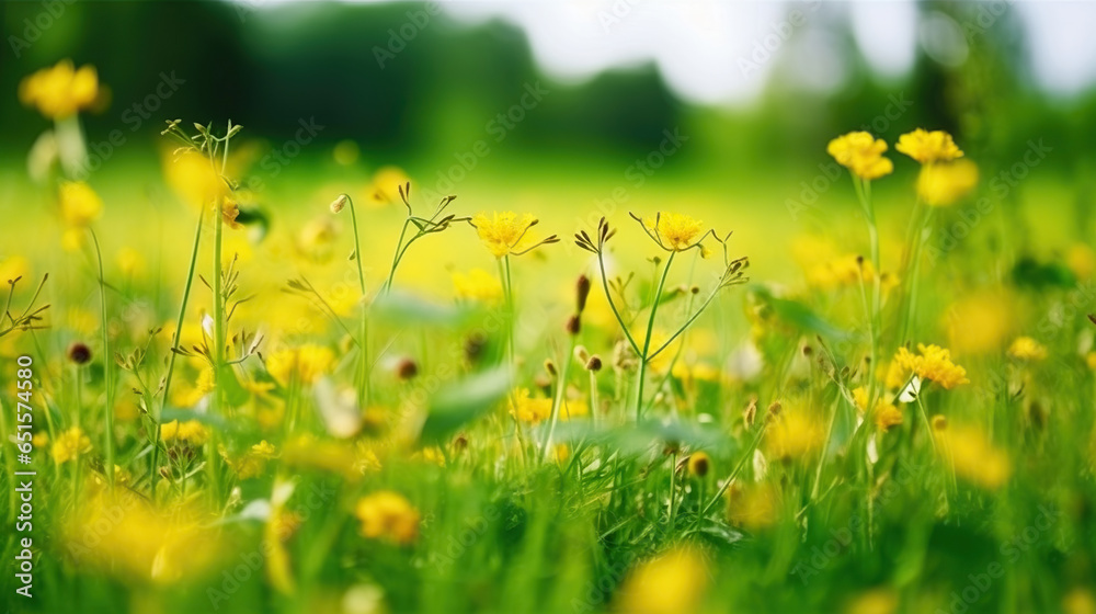 Fototapeta premium Blooming Yellow Flowers in a Verdant Summer Meadow. Generative AI