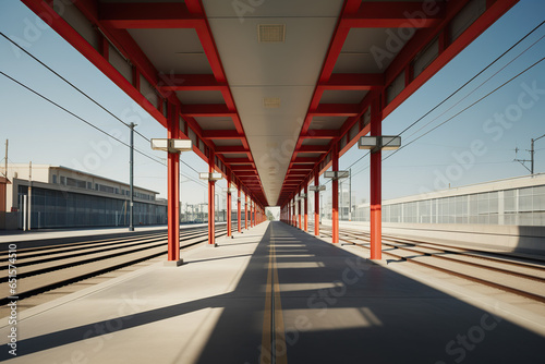 architecture by ai, empty train station platform with empty tracks, symmetric composition, photorealistic // ai-generated photo
