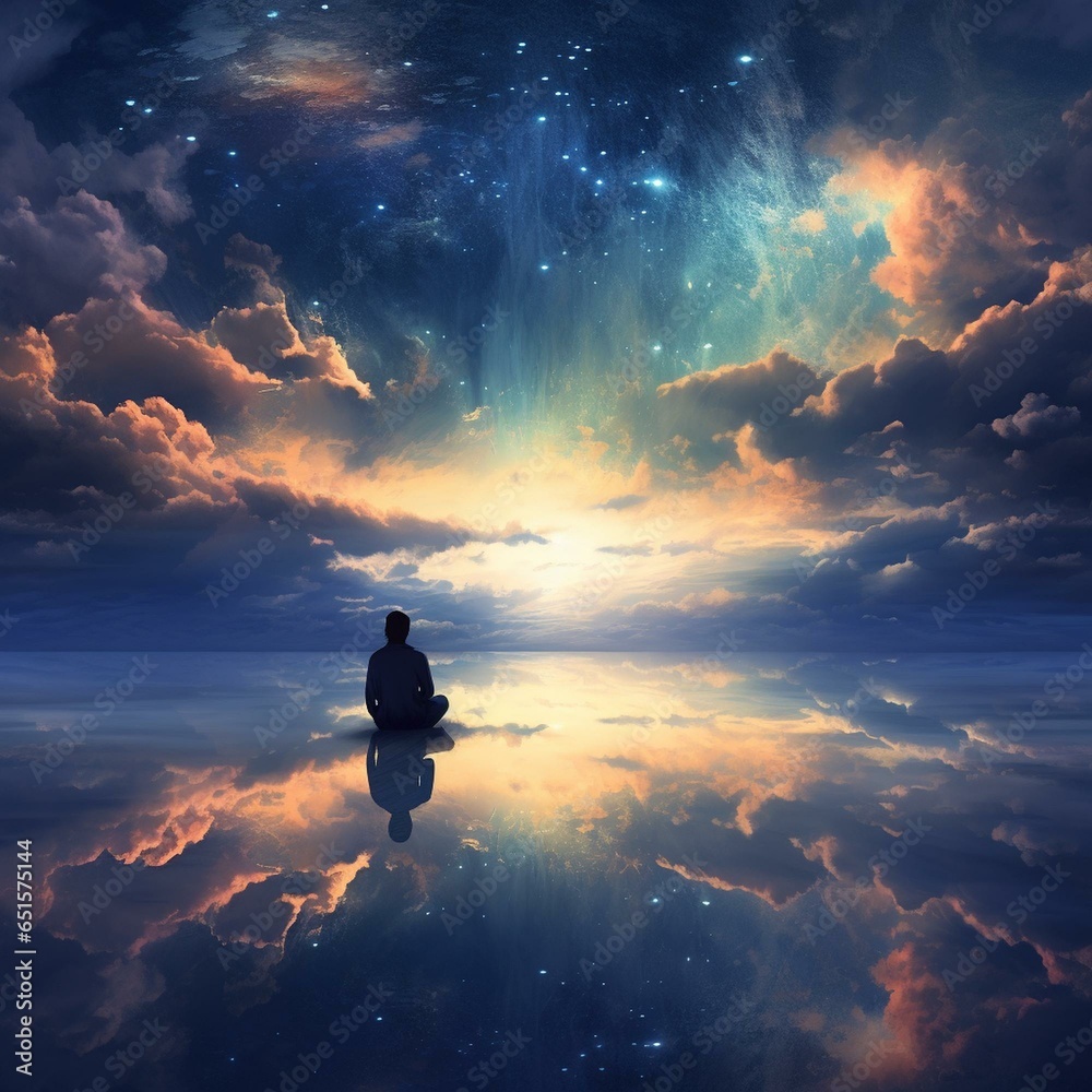 Φωτογραφία Isolated person gazes at the heavenly sky in a fantasy landscape, immersed in meditation and spiritual reflection