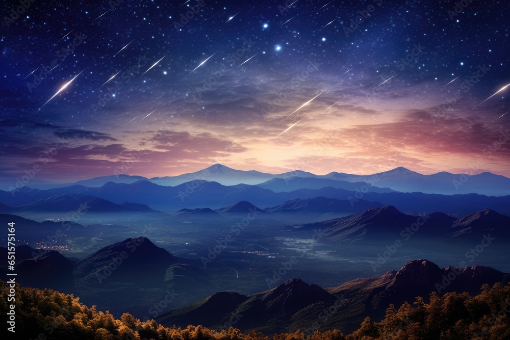 Landscape view on falling stars perseids, clear dark night sky. Generative Ai.