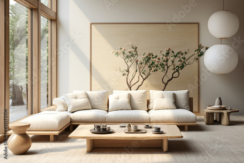 Japandi-inspired living room   decor features a selection of natural materials and a soothing neutral color palette  accompanied by minimalist furniture Japanese simplicity 