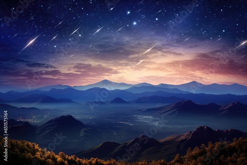 Landscape view on falling stars perseids, clear dark night sky. Generative Ai. © annamaria