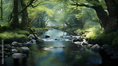Wild mountain river flowing through stone boulders, clear stream river flowing in the deep calm forest, ai generative © Alice