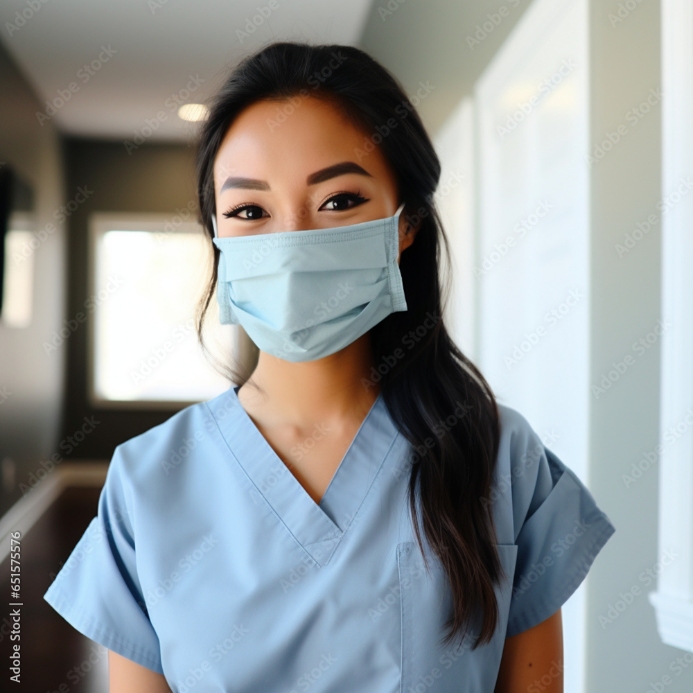 A smiling nurse, seriouse, wearing a blue uniform, face mask A smiling nurse, seriouse, wearing a blue uniform, face mask