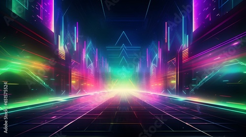 Abstract neon backgrounds, lighting 3d render of big data communication flowing through tunnel.