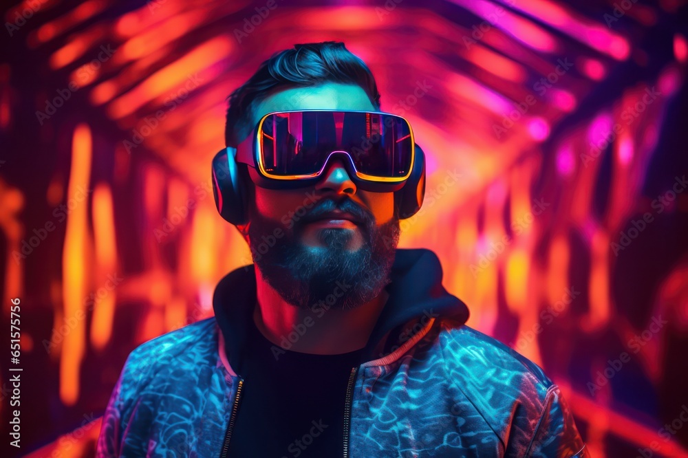 Bearded millennial guy wearing virtual reality headset neon colors horizontal website banner. Man in VR glasses. Augmented reality and NFT concept. Bearded millennial guy wearing virtual reality headset neon colors horizontal website banner. Man in VR glasses. Augmented reality and NFT concept.