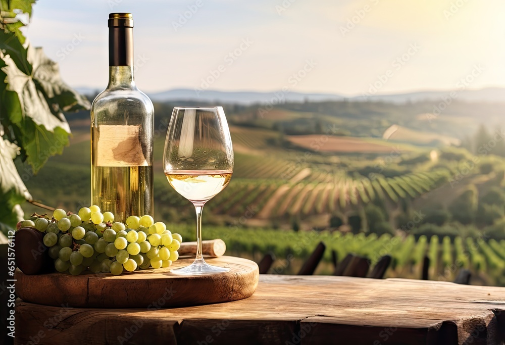 Bottle of grape wine and a glass with plantation background.