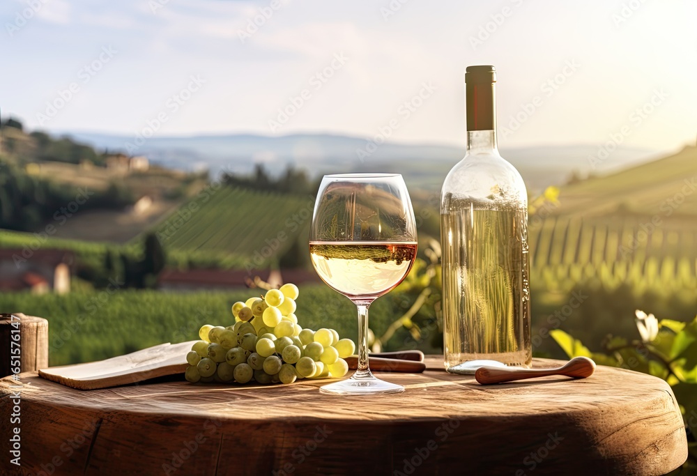 Fototapeta premium Bottle of grape wine and a glass with plantation background.