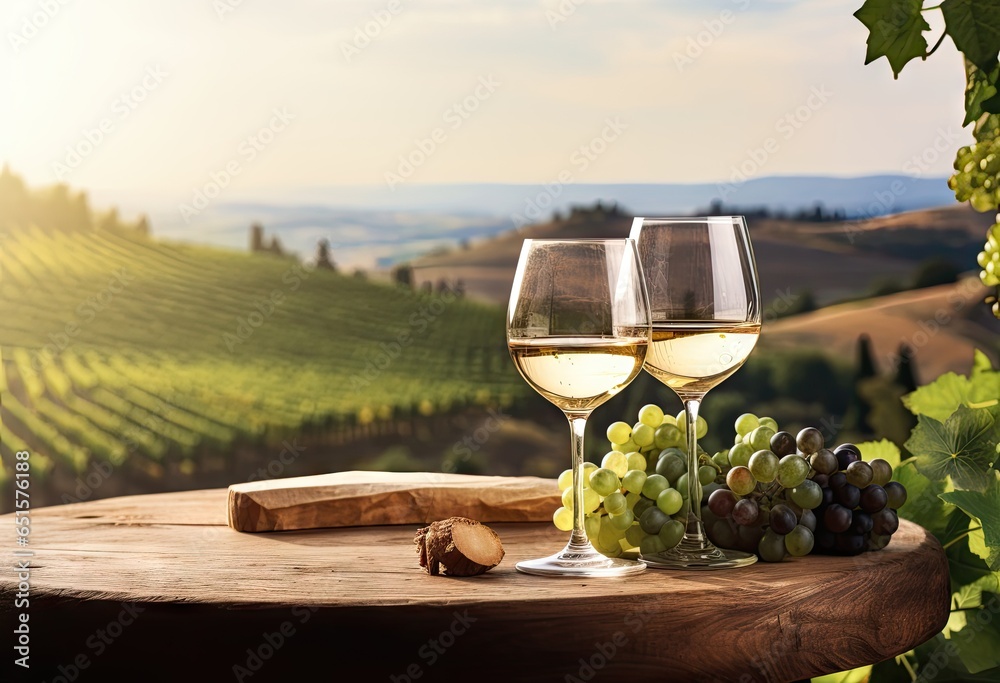 Bottle of grape wine and a glass with plantation background.
