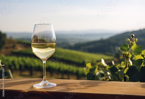 Bottle of grape wine and a glass with plantation background.