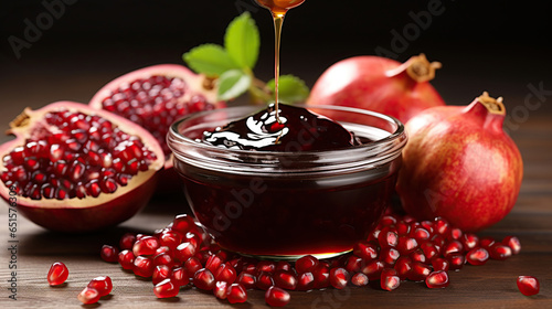 From Orchard to Table. Pomegranate molasses in glass bowl, pomegranate sour sauce with fresh ripe whole and split pomegranate fruit on wooden rustic table. Generative AI