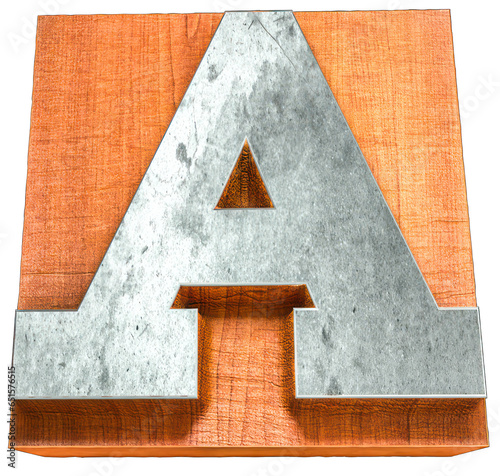 Vintage Wooden Letterpress Font Block - Oak Cube with Engraved Metal Alphabet Character for Printing Press Typesetting photo