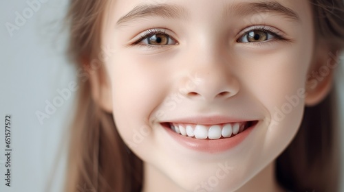 Perfect kids smile, happy child with beautiful white milk toothy smile, child dental care. 