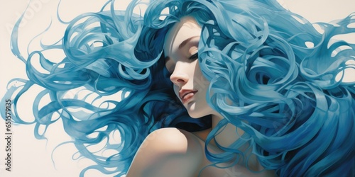A woman with long blue hair.