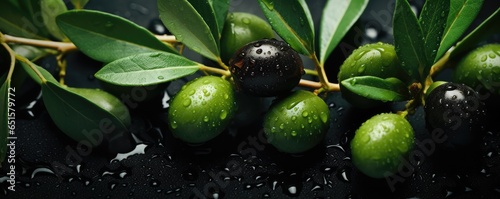 Many fresh and ripe black olives with detailed water drops, bio  food panorama banner Generative Ai.