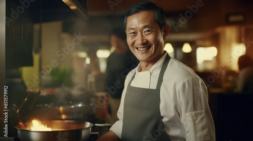 Culinary Craftsmanship: A Middle-Aged Chinese Chef, Wearing a Smile as He Meticulously Prepares Food in a Restaurant Kitchen, Infusing Every Dish with Expertise.
