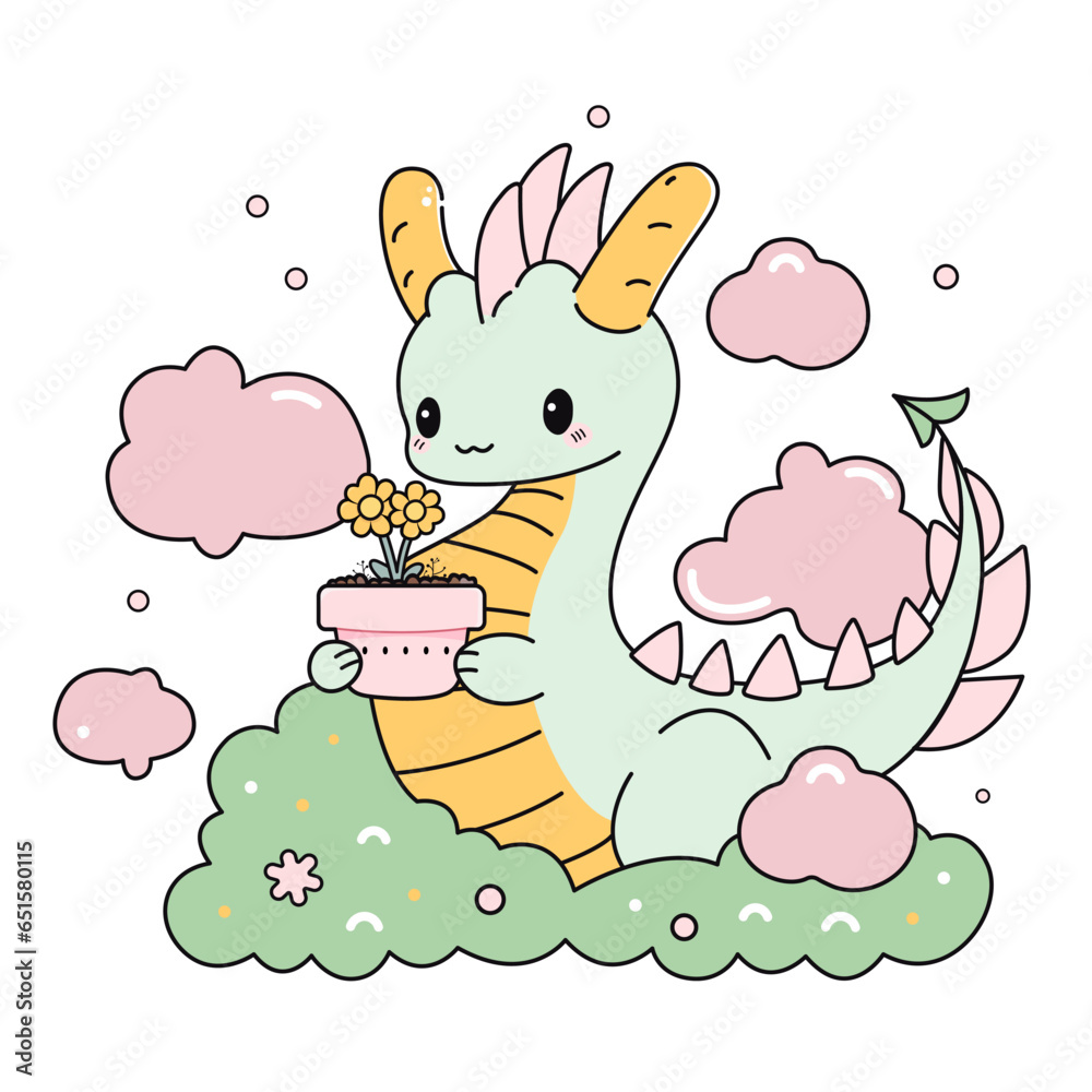 Childish vector illustration of cute chineese dragon holding flower pot ...