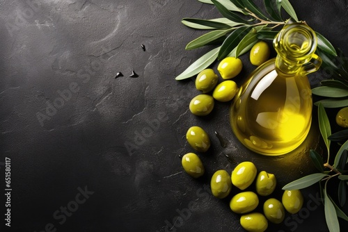 Fresh bio olive oil in glass bottle with ripe olives, healthy food farm concept. Generative Ai.