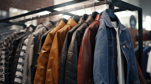 Stylish Choices Aplenty: A Glimpse into Men's Fashion with Trendy Jackets, Crisp Shirts, and Cozy Cardigans Elegantly Displayed on Hangers for the Modern Man. photo