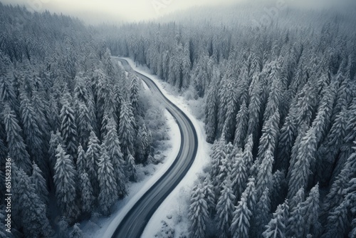 Curvy windy road in snow covered forest. Driving in forest after snowfall. Winter landscape background. Top down aerial view. 