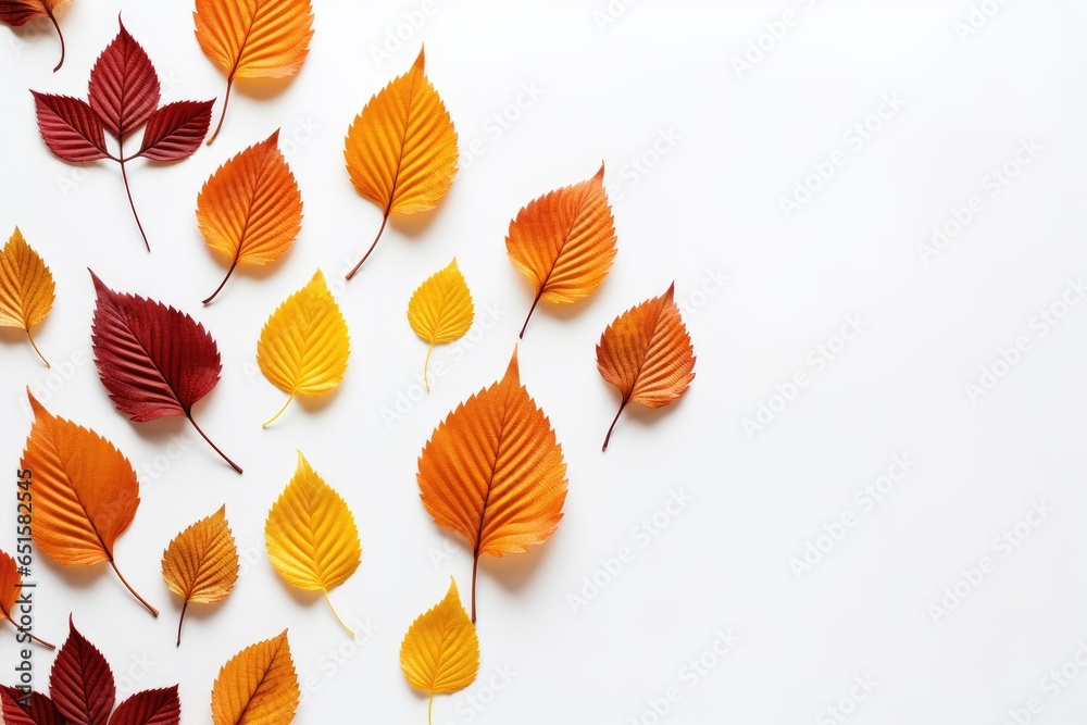 Autumn season minimal concept. Frame made of fallen yellow and orange leaves isolated on white background. Flat lay, top view. Banner with copy space