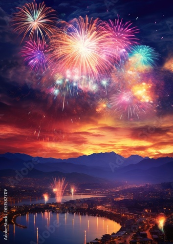 Night view on celebration of new year with colorful fireworks. Generative Ai.