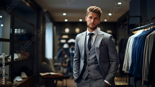 stockphoto, high quality photo, A man in a classic suit stands in the fitting room of a men's clothing luxury boutique store. Luxury suite for men. Elegant clothing. © Dirk
