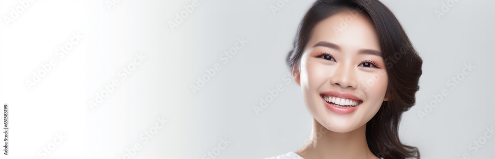 Beautiful wide smile of healthy woman, white teeth close up, dentist tooth whitening