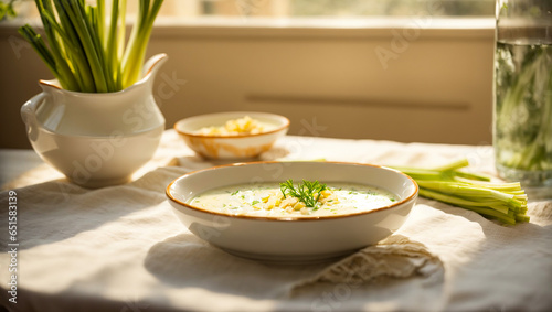 Creamy leek soup in the kitchen