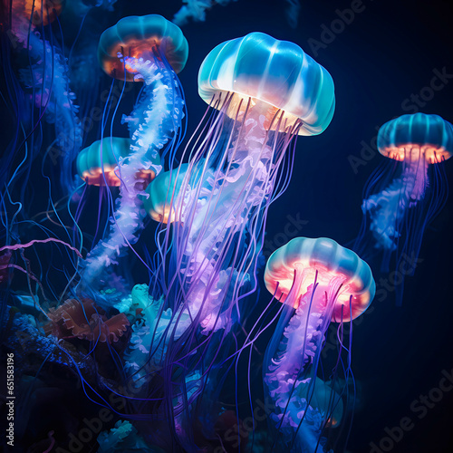 jellyfish in the water, beautiful background with glowing jellyfish