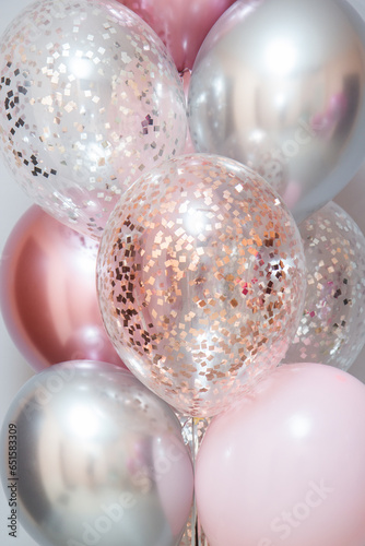bouquet of pink birthday balloons, chrome balloons, confetti balloons