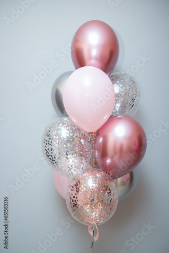 bouquet of pink birthday balloons, chrome balloons, confetti balloons