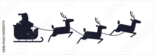 Silhouette of santa claus and reindeer harness on white background. Isolated silhouette of santa claus