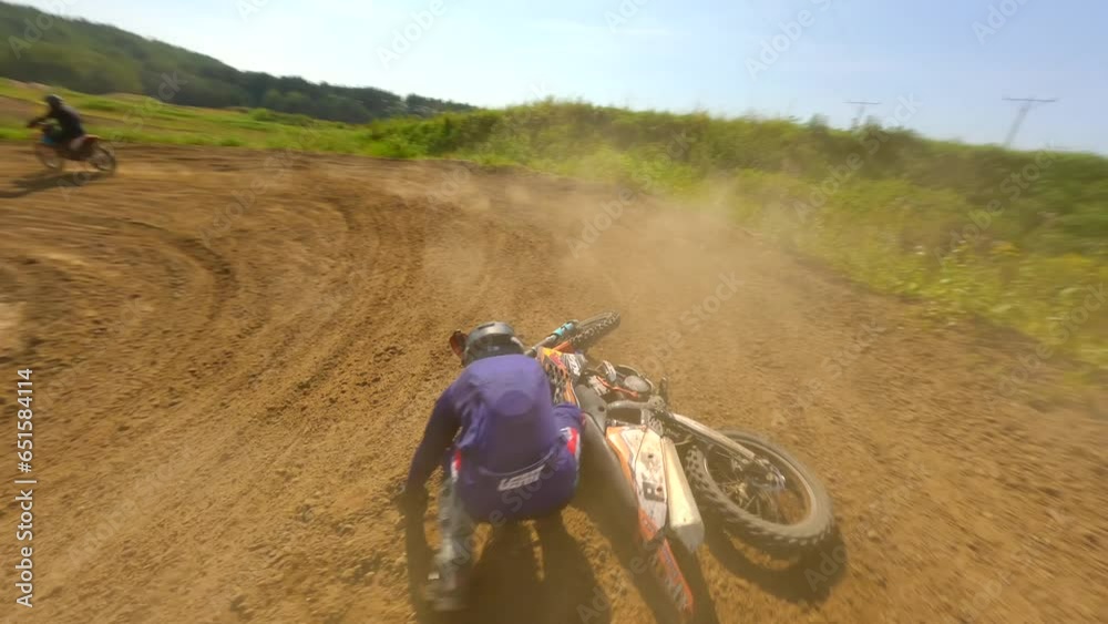FPV of a crash accident on a motocross track. High-speed.