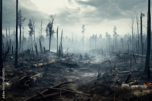 image of a cleared forest area with a few remaining trees, representing the devastating effects of deforestation photo