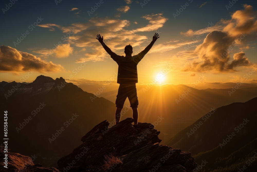 Silhouette stands triumphantly on the mountain top. Raise your arms and make a fist. Generative AI.
