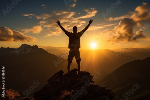 Silhouette stands triumphantly on the mountain top. Raise your arms and make a fist. Generative AI.